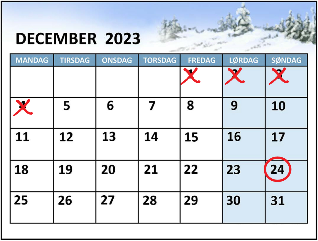 DECEMBER 2023. Mandag, Tirsdag, Onsdag, Torsdag, Fredag, Lørdag, Søndag.